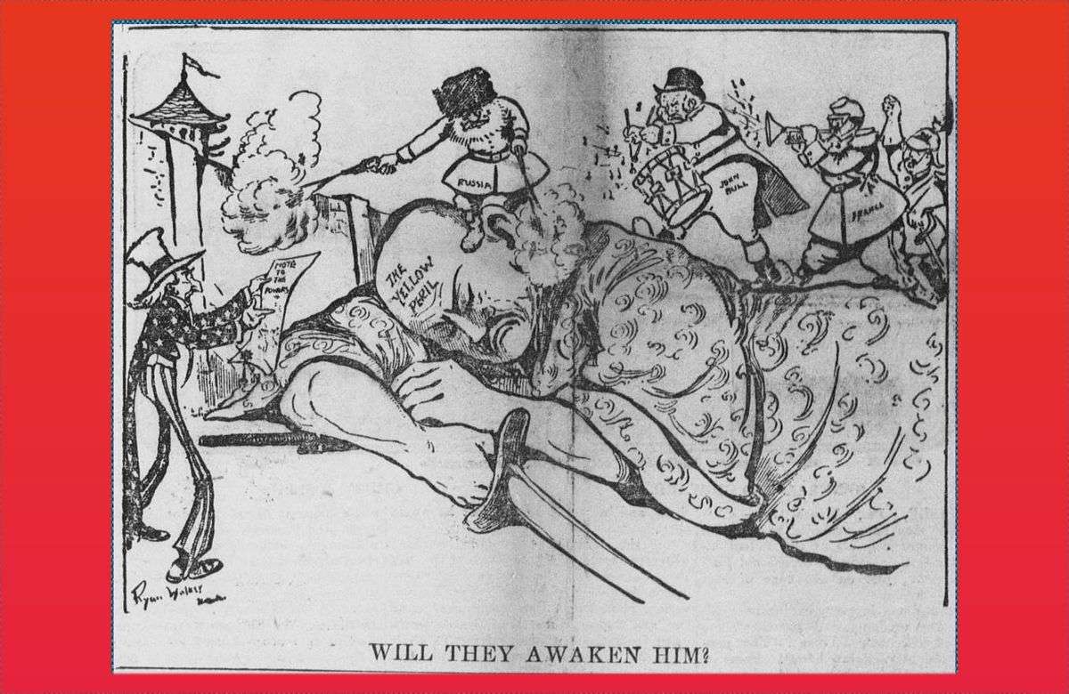 Vignetta di Ryan Walker del 1904 che pone un monito alle grandi potenze sui rischi di combattere contro la Cina. Il monito è esplicito. «Lo sveglieranno?» si chiede il vignettista citando il «pericolo giallo». Foto Public Domain.